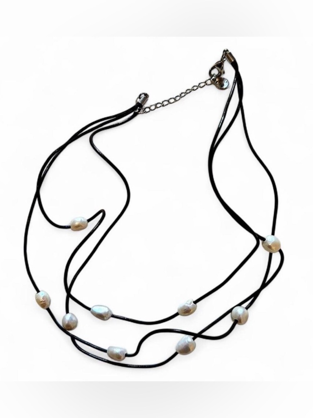 Multi-Strand Black Cord Necklace with White Pearl Accents